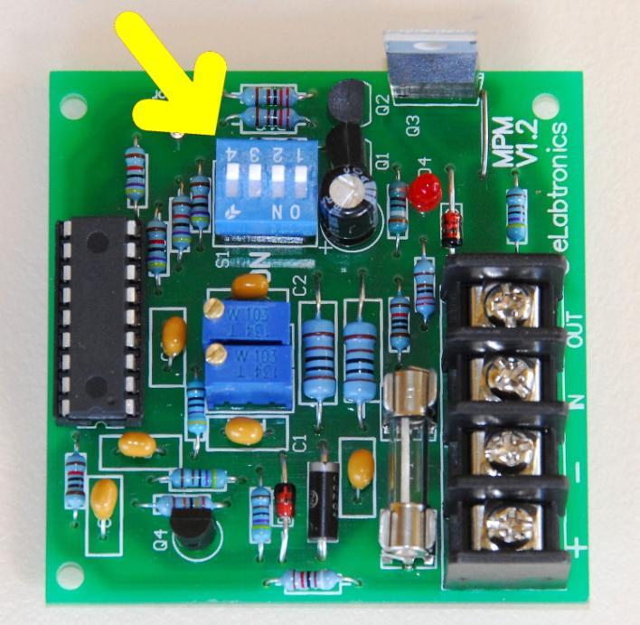 So that s the wiring done! Next, we ll take a look at the switch options. Switch Options The elabtronics Voltage Switch has a four-position DIP option switch (arrowed).