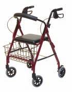 Rollators Rollator Features Epoxy-coated aluminum frame. Padded seat and backrest. Ergonomic hand grips and easy-to-operate, locking loop hand brakes. Removable wire storage basket.