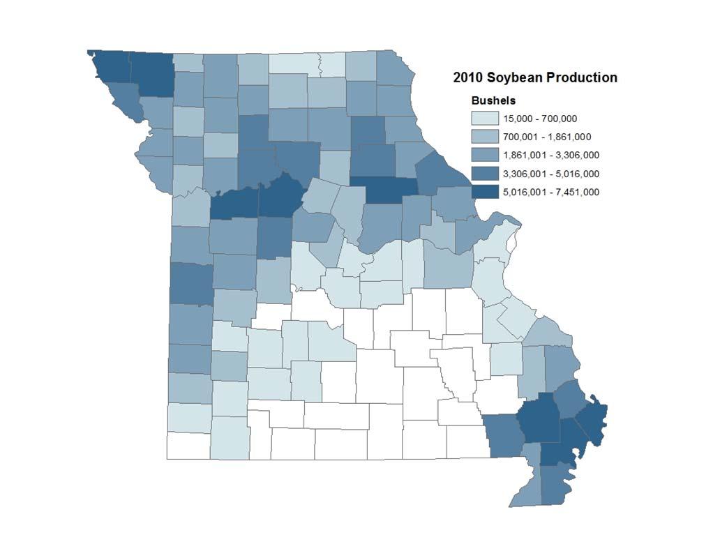 Missouri Soybean Facts $1,929,659,800: Five-year average value of Missouri soybean production between 2006 and 2010 a Top Soybean Production Regions, 2010 a Rank United States Rank Missouri Counties