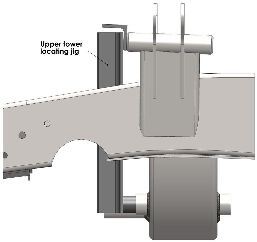 7. Bolt the supplied upper tower jig to the IFS crossmember as shown in figure 6, then bolt the upper towers to the jig. Figure 6 - Upper Tower Jig Placement - View from LH Side 8.