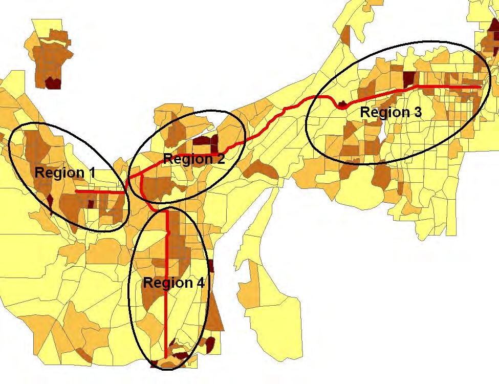 Figure 6.1: BRT Regions Each Region was further delineated into three Zones based on the proximity to the study BRT lines.