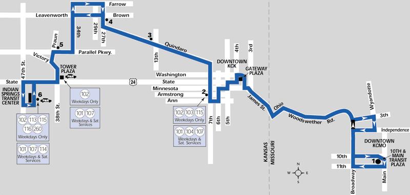 Route #106 - Quindaro Description The Quindaro route operates in the State Avenue corridor study area between Downtown Kansas City, Missouri and the Indian Springs Transit Center, located at the