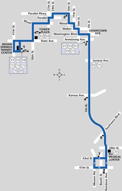 Route #107 Seventh Street/Parallel Description The Seventh Street/Parallel route operates between the Kansas University Medical Center and the Indian Springs Transit center, located at the former
