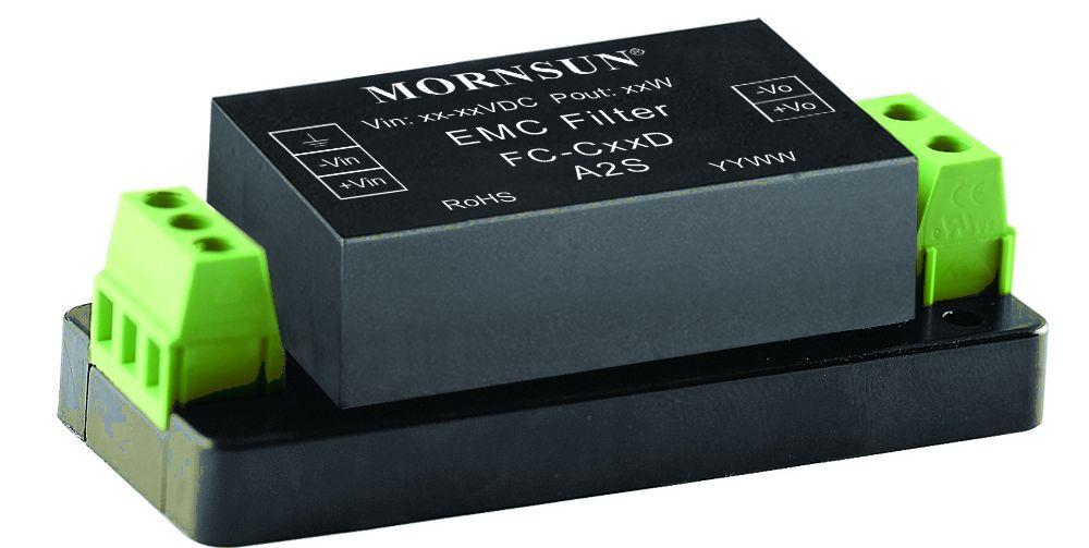 Put on to the input of DC/DC module can ensure the module meet the EMC request of EN50155 standard. FC-CXXD is used with the MORNSUN DC/DC railway module of which rated power is less than 20W.