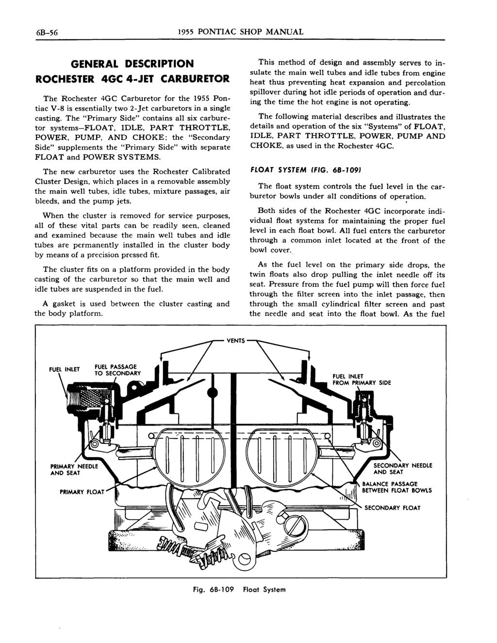 6B-56 1955 PONTIAC SHOP MANUAL GENERAL DESCRIPTION ROCHESTER 4GC 4-JET CARBURETOR The Rochester 4GC Carburetor for the 1955 Pontiac V -8 is essentially two 2 -J et carburetors in a single casting.