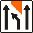 2 (R) This sign may be used for a centre lane closure on three-lane oneway carriageway, where the speed limit is 50km/h or less and vehicles are required to merge to the left.