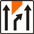 This sign may be used for a centre lane closure on three-lane oneway carriageway, where the speed limit is 50km/h or less and vehicles are required to merge to the right.
