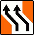 This sign is used when the right lane is closed on four-lane one-way carriageway. A supplementary distance plate is used for signs on level 2 and level 3 roads.