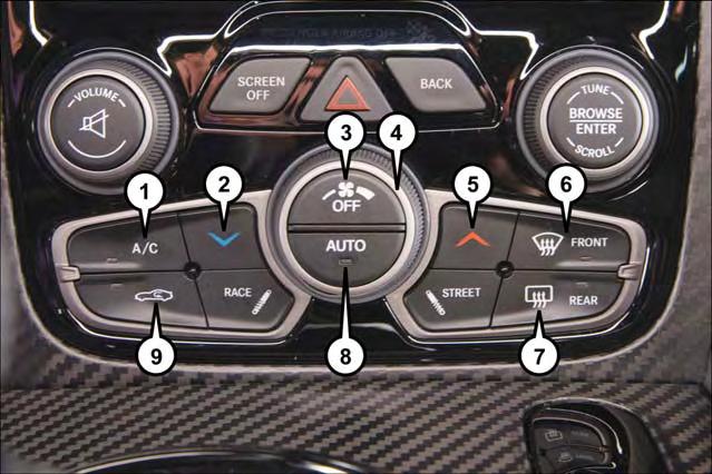 OPERATING YOUR VEHICLE Climate Control Knobs 1 A/C Button 2 Temperature Control Down Button 3 OFF Button 4 Blower Control Knob 5 Temperature Control Up Button 6 Front Defroster Button 7 Rear