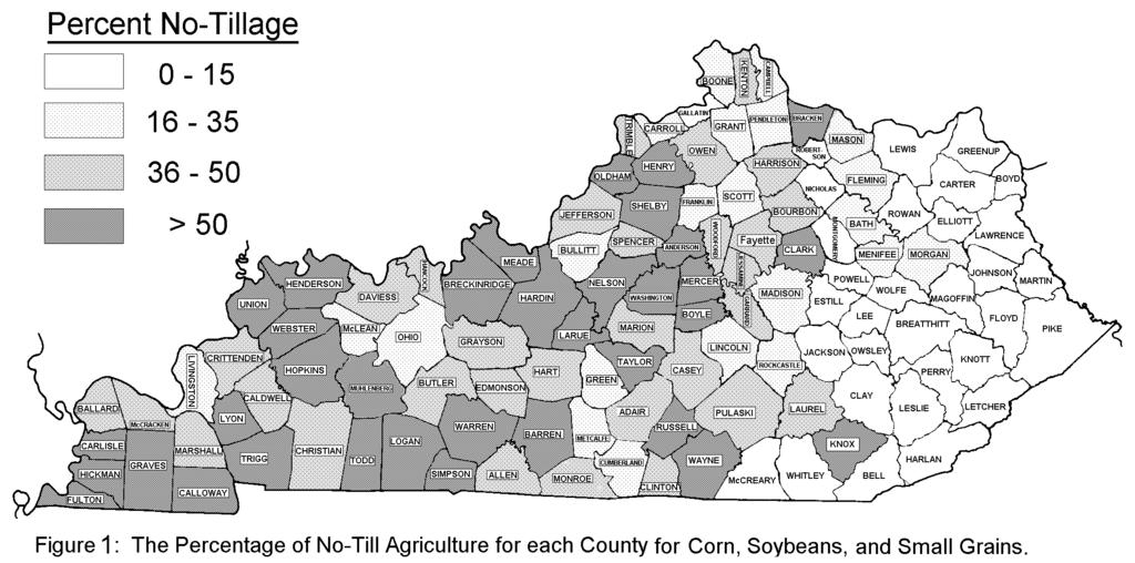 No Tillage Use for Crop Production in Kentucky Counties in 1996 G.R. Haszler and G.W. Thomas Two years ago, we reported the status of notillage adoption in Kentucky counties in the year 1994.