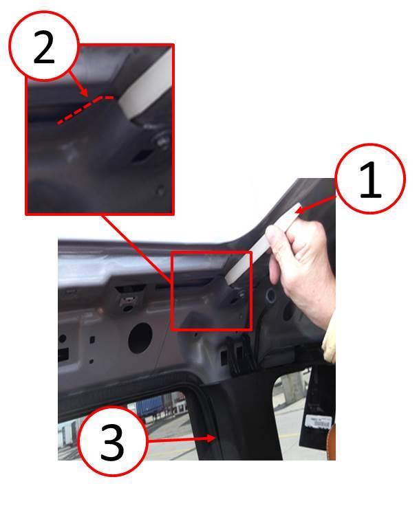 -5-23-010-14 Fig. 4 Dual Pane Sunroof Reinforcement 1 - Trim Stick 2 - Sheet Metal Flange 3 - C-Pillar 13. Allow the adhesive to cure per the adhesive manufacturer s recommendations. 14.