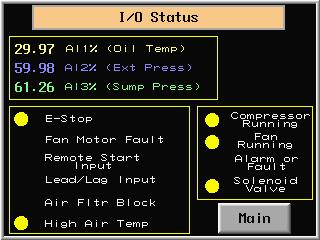 1.Press I/ O STATUS key on screen (FIG.25) to see input/output data. 2.Sceen displays: - oil temperature & air pressure analog sensors output data; - digital inputs status; - status of devices. 3.