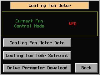 1.Press Cooling Fan Motor Data key to get screen FIG.40. 2.Press Cooling Fan Temp Setpoint key to get screen (FIG.41). 3.Press Back to return to screen FIG.37. 4.