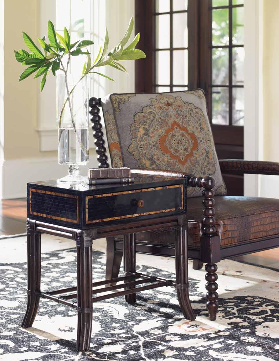 The Buxton box- on- stand features exotic dark Penn Shell inlay, with a light Penn Shell border,