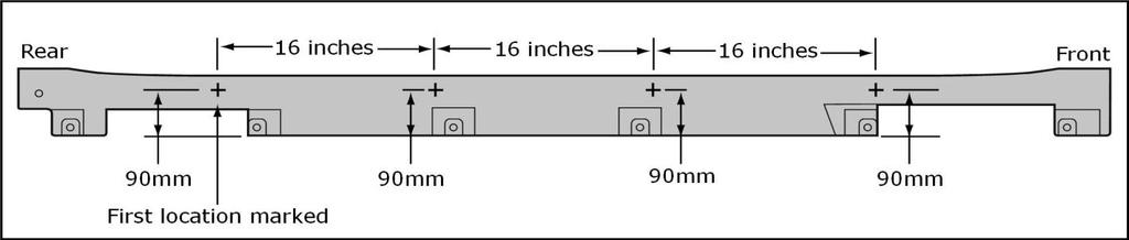 13. MUD GUARD PREPARATION Fig. 16 NOTE: The Maxima is best drilled from the outside in. Position the mud guards with the bottom facing upward and mark accordingly. 16. Starting at the REAR edge of the mud guard, measure and mark 100mm (3.