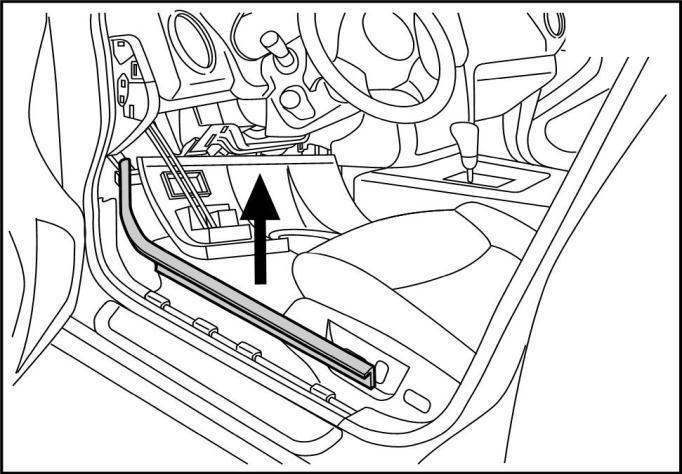 Fig. 13 13. Carefully remove the driver side A-Pillar trim panel. NOTE: There is a retaining clip that holds the trim panel to the A Pillar along with a number of press clips.