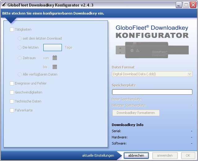 Downloadkey Configuration-Tool When delivered the GloboFleet downloadkey will download all of the data which has been stored since your last download by default.
