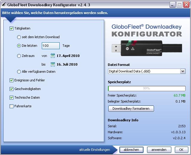With the GloboFleet Configuration Tool the following settings can me made on the downloadkey: DDownload of activities - since the last download last XX days time period from XX to XX all available