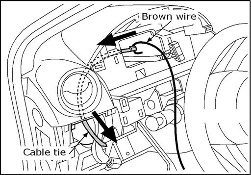 13. INSTALLATION Fig. 24 24. Use a long cable tie to feed the Brown accessory wire through the BCM opening and out the dash opening under the vent as shown. Fig. 25 25.