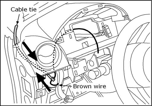 Push the ends of the Brown wire through the end and use the tie to direct the wires up through the dash to the A Pillar. Fig. 26 26.