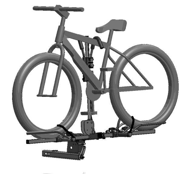 Then lift the rear of the bike and place the rear wheel into the wheel holder. Secure the frame hook and Velcro wheel straps per section 7 (Fig. 25).