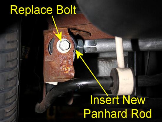 12. If the tires were removed, reinstall them and lower the car back to the ground. The car must be properly resting on its suspension before tightening down the fasteners that secure the panhard bar.