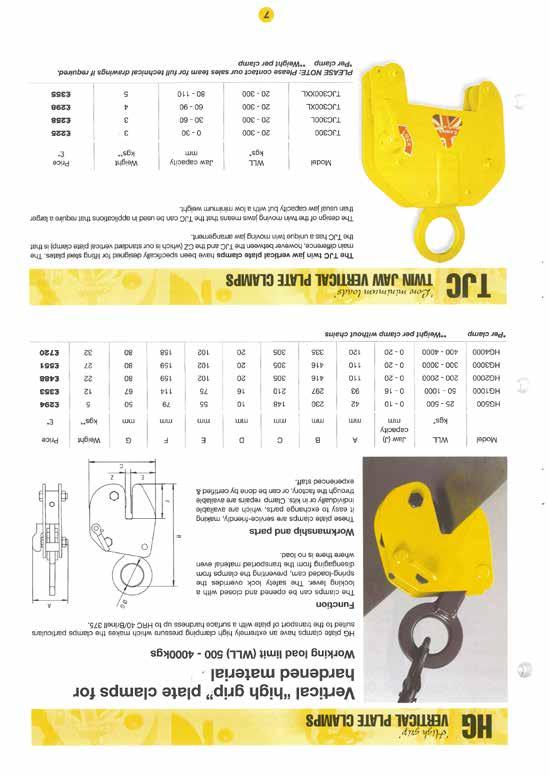 5 LJ1500 180-1500 0-20 215 345 85 75 135 131 118 20 23 12 HG High Grip Vertical Plate Clamp HG plate clamps have an extremely high clamping pressure which makes the clamps suited to the transport of