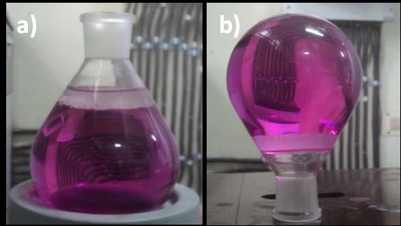 Fig. S3: a) A 3 wt % gel formed on the surface of a liter of a dilute KMnO 4 solution b) gel holding the weight of a liter of water Lower boiling fraction of the Petrol as carrier solvent: In order