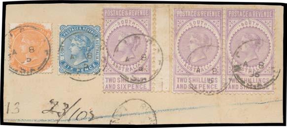 600 311 Ex Lot 311 O 1886-96 'POSTAGE & REVENUE' selection with Perf 10 2/6d x2 (one with 'MARINE PO' cds) & 5/- plus 2/6d 5/- & 10/- (defective) fiscally used; and Perf