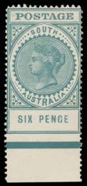 Prestige Philately - Auction No 168 Page: 26 SOUTH AUSTRALIA - The Long Stamps (continued) 354 W A- Lot 354 1906-12 Crown/A 6d deep blue-green marginal single from the base of the sheet Imperforate