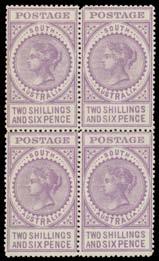[The replaced value is ½mm longer & is noticeably out-of-alignment] {Website} 200 Lot 359 359 */** A C1 1906-12 Crown/A 2/6d deep dull violet with the Watermark Inverted BW #S62Ba (SG 304var) block