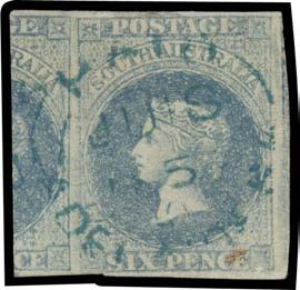 Prestige Philately - Auction No 168 Page: 6 SOUTH AUSTRALIA (continued) Lot 275 275 F A 1856-58 Adelaide Printings 6d slate-blue SG 10, a huge example with margins good to
