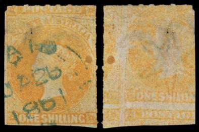 elusive Prussian blue & indigo), 9d shades (2), 1/- yellow (3, one a "Colombo" olive-green; carried aboard the "Colombo" & affected by immersion in seawater), 1/- brown (4) &