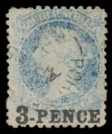 Prestige Philately - Auction No 168 Page: 9 SOUTH AUSTRALIA (continued) 287 F A Lot 287 1868-79 Perf 11½-12½ '3-PENCE' on 4d Prussian blue as SG 66 but a dramatic Dry Print, a couple of short