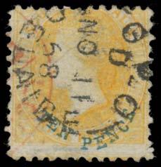 600T 288 G B Lot 288 1868-79 Perf 11½-12½ 'TEN PENCE' in Blue on 9d yellow with Crown/SA Watermark (Reversed) SG 78a, a couple of minor defects, GPO cds of NO11/68, Cat 1200.