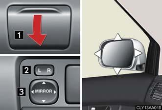 1-3. Adjustable components Outside rear view mirrors Mirror angle can be adjusted using the switch when the ignition switch is in the ACC or ON position.