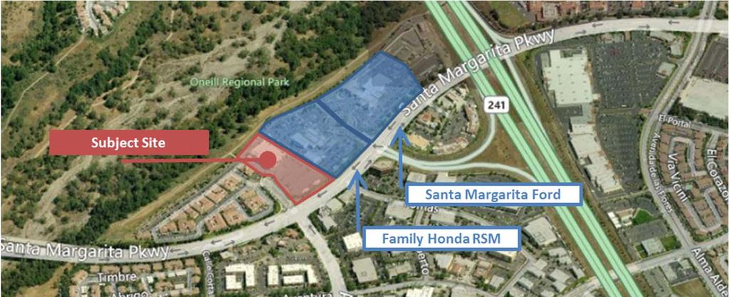 Local Area Santa Margarita Ford and Family Honda RSM offer superior visibility and access when compared to the Subject Site and Penske Toyota due to excellent access from the 241 Toll Road, large