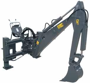 9 SIDESHIFT BACKHOE Backhoe with side shift frame at hydraulic clamp for line wall digging. Independent hydraulic stabilizers. Device to Skid-Steer Loader with inside cab controls.