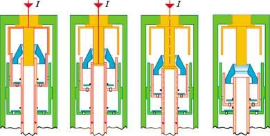 cotacts. Durig its ru dowwards, the movig apparatus compresses the gas i the lower chamber.