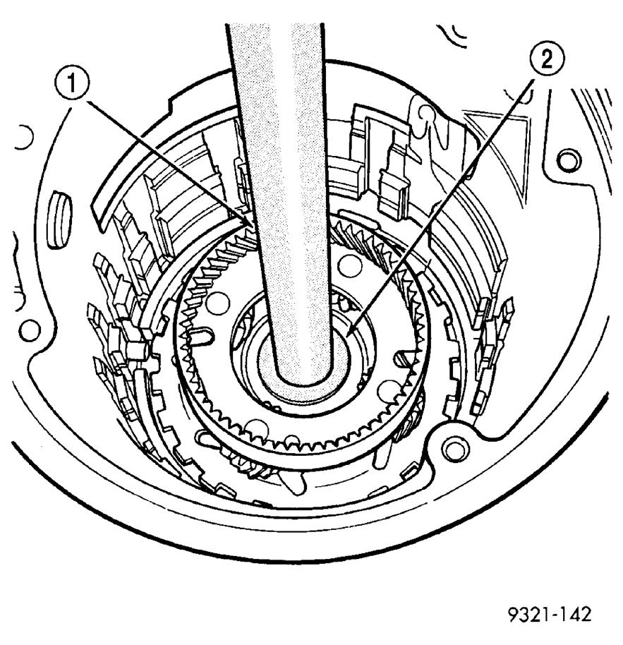 Fig. 33: Install Output Shaft/Rear Carrier Into Rear Bearing 1 - UNIVERSAL HANDLE C-4171 AND HANDLE EXTENSION C-4171-2 2 - DISC MD-998911 17.