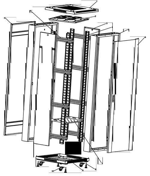 Two pairs of internal frames for mounting shelves and other 19 components.