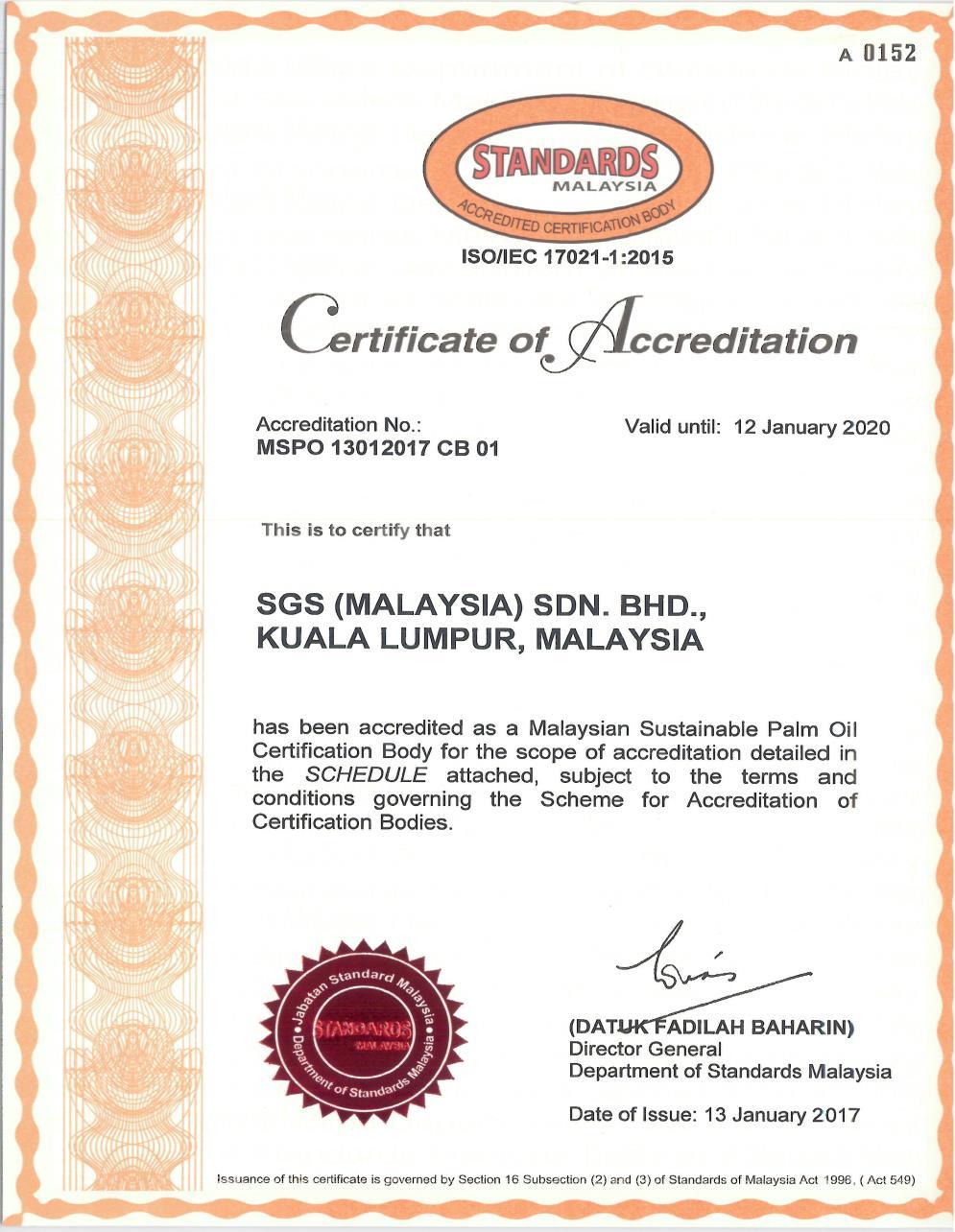 ACCREDITED CB BY STANDARDS MALAYSIA FOR MSPO SCHEME