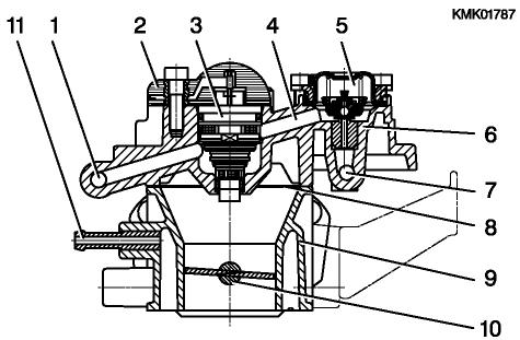 Top view 1 = Fuel inlet 2 = Throttle-valve potentiometer 3 = Staking of upper to lower part 4 = Fuel return 5 = Pressure regulator with 3 screws 6 = Injection valve and plastic molding with connector