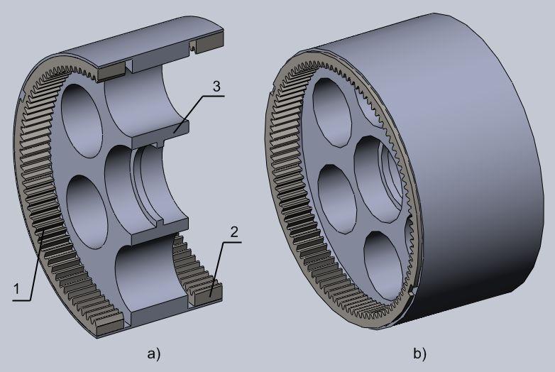 Figure 8 A CAD design of the input and output epicyclic s: a) cross-section view: 1-input epicyclic internal ; 2-output epicyclic internal ; -wheel; b) general view.