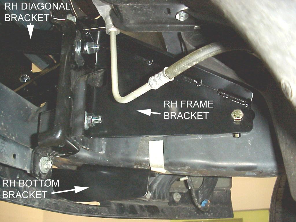 9. Install the Frame Brackets and Frame Extensions. Sandwich the bumper brackets between the Frame Extension (in front) and the Frame Bracket (behind, next to the frame).