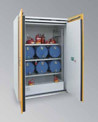 HAZARDOUS SUBSTANCES DRUM CABINETS For horizontal storage of flammable liquids of max. 9 x 60 liter steel drums inside buildings Base sump tray acc.
