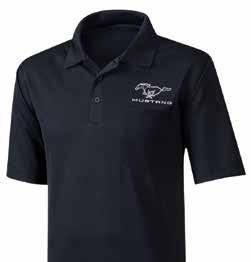 Mustang StayCool Polo Moisture-wicking mini-pique polyester and 3-button placket. Left chest pocket. Embroidered Mustang Pony/text and Ford Oval. Black.