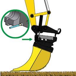 The lock cylinders are activated. With engcon's quick hitch (not universal hitch), the open position is indicated by a blue indicator pin being visible.