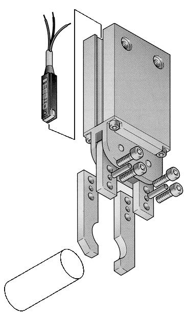 242 Chapter 9 Fig. 9.5a shows a section through the angular gripper shown in Fig. 9.4b. It is driven by a double-acting cylinder. Fig. 9.5b illustrates how gripper jaws (in this case: for cylindrical workpieces) and proximity switches are attached to the gripper.