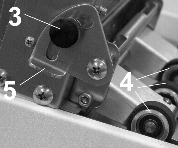 To adjust the Forwarding Rollers, loosen the Locking Knob [3], place a piece of media under the Forwarding Rollers [4], and then tighten the Knob.